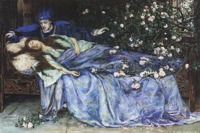 The paining &lsquo;Sleeping Beauty&rsquo; by H. Meynell Rheam portrays the sleeping princess laying on her bed and prince charming leaning on her and looking at her face.